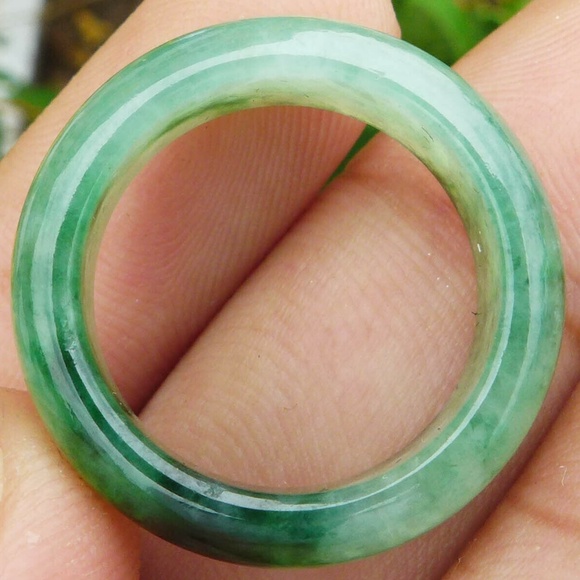 Natural Grade A Jadeite Jade One Piece Ring Carving Transparent Green 17mm - Picture 9 of 14